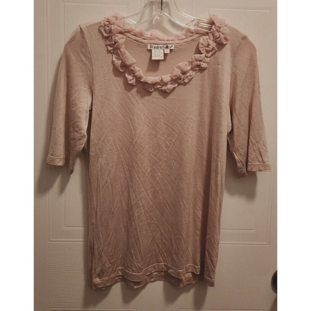 WinterSilks Women's Short Sleeve Top Floral Neck Silk Blend Dusty Pink Sz Small
